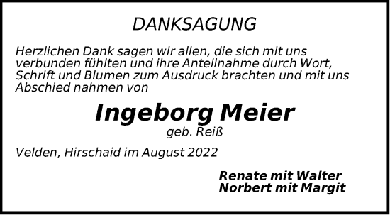 Traueranzeige von Ingeborg Meier von Hersbrucker Zeitung Lokal
