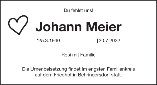 Traueranzeige von Johann Meier von Pegnitz-Zeitung