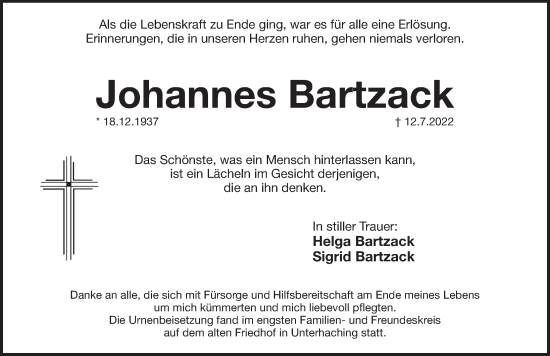 Traueranzeige von Johannes Bartzack von Pegnitz-Zeitung
