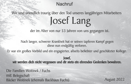 Traueranzeige von Josef Lang von Der Bote