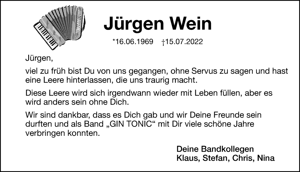  Traueranzeige für Jürgen Wein vom 29.07.2022 aus Hersbrucker Zeitung Lokal