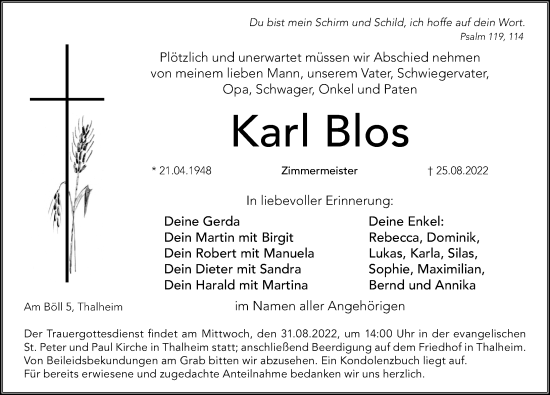 Traueranzeige von Karl Blos von Hersbrucker Zeitung Lokal