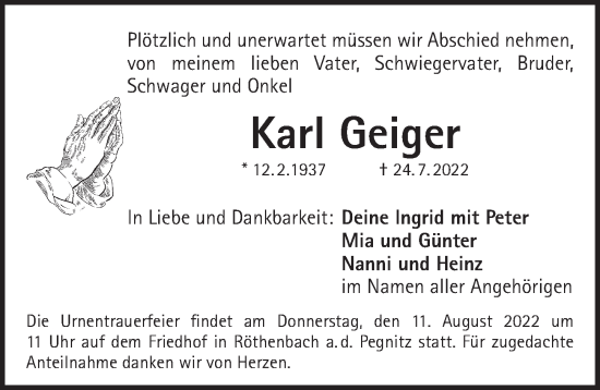 Traueranzeige von Karl Geiger von Pegnitz-Zeitung