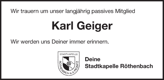 Traueranzeige von Karl Geiger von Pegnitz-Zeitung