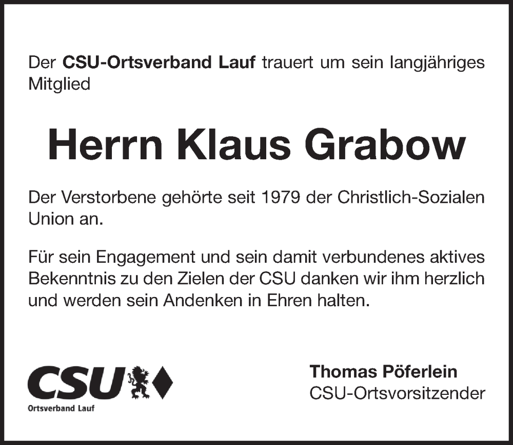 Traueranzeige für Klaus Grabow	 vom 05.08.2022 aus Pegnitz-Zeitung