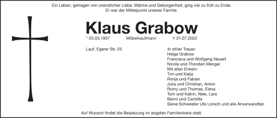 Traueranzeige von Klaus Grabow von Pegnitz-Zeitung