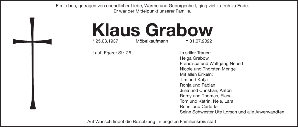  Traueranzeige für Klaus Grabow vom 03.08.2022 aus Pegnitz-Zeitung