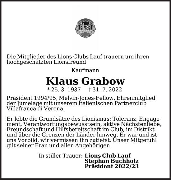 Traueranzeige von Klaus Grabow von Pegnitz-Zeitung