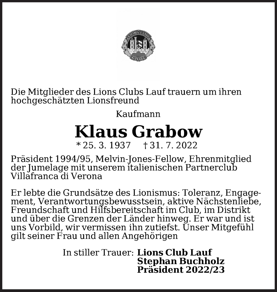  Traueranzeige für Klaus Grabow vom 03.08.2022 aus Pegnitz-Zeitung