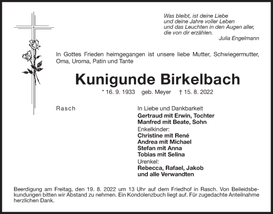 Traueranzeige von Kunigunde Birkelbach von Der Bote