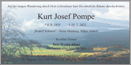 Traueranzeige von Kurt Josef Pompe von Der Bote