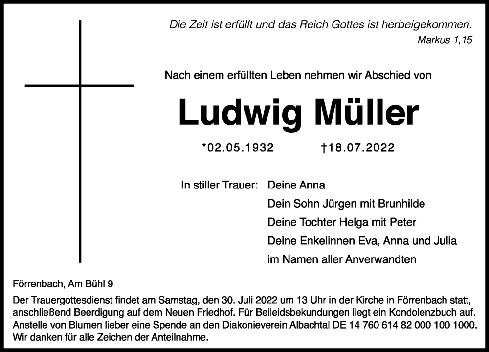  Traueranzeige für Ludwig Müller vom 27.07.2022 aus Hersbrucker Zeitung Lokal