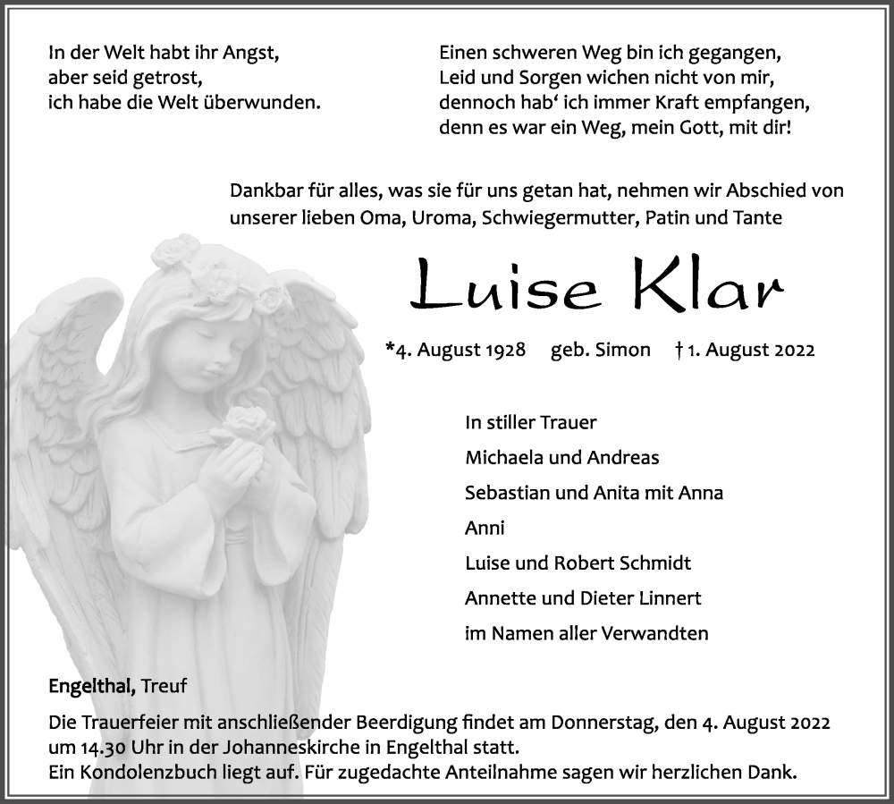  Traueranzeige für Luise Klar vom 03.08.2022 aus Hersbrucker Zeitung Lokal