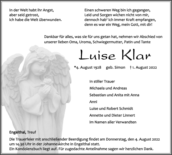 Traueranzeige von Luise Klar von Hersbrucker Zeitung Lokal