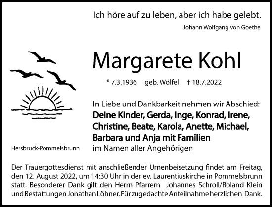 Traueranzeige von Margarete Kohl von Hersbrucker Zeitung Lokal