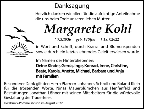 Traueranzeige von Margarete Kohl von Hersbrucker Zeitung Lokal