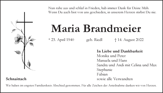Traueranzeige von Maria Brandmeier von Pegnitz-Zeitung