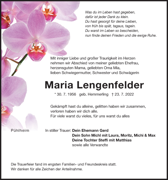 Traueranzeige von Maria Lengenfelder von Der Bote