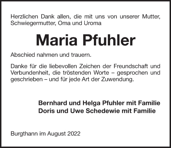 Traueranzeige von Maria Pfuhler von Der Bote