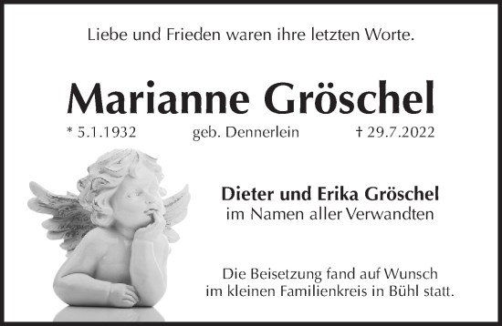 Traueranzeige von Marianne Gröschel von Pegnitz-Zeitung