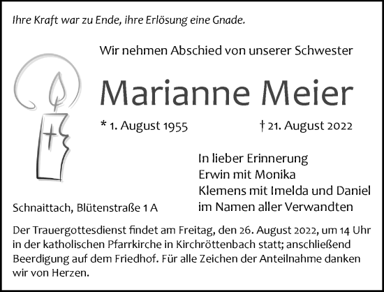 Traueranzeige von Marianne Meier von Pegnitz-Zeitung
