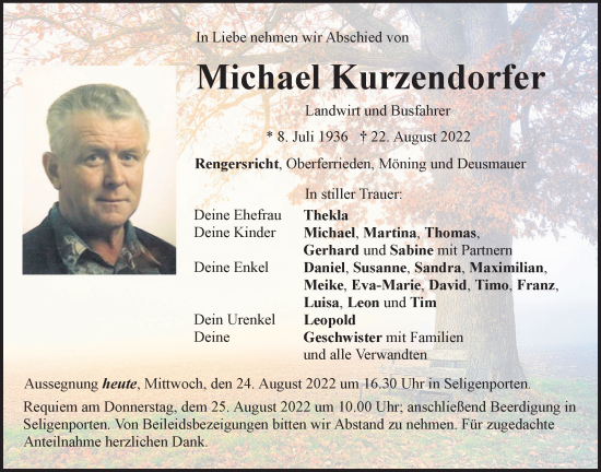 Traueranzeige von Michael Kurzendorfer von Der Bote