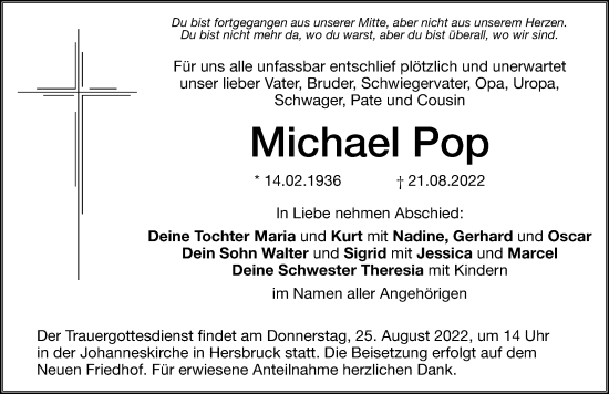 Traueranzeige von Michael Pop von Hersbrucker Zeitung Lokal