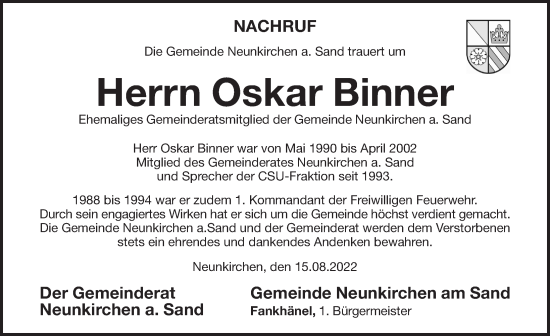 Traueranzeige von Oskar Binner von Pegnitz-Zeitung