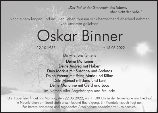 Traueranzeige von Oskar Binner von Pegnitz-Zeitung