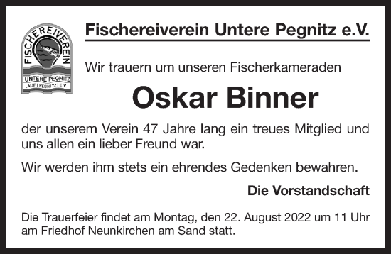 Traueranzeige von Oskar Binner von Pegnitz-Zeitung