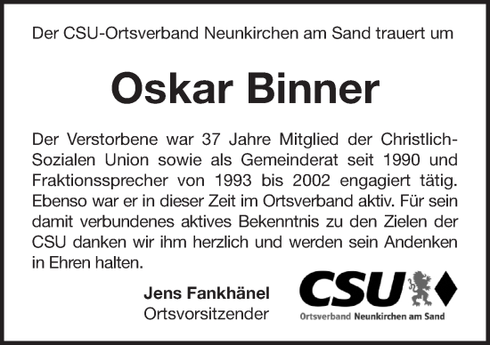 Traueranzeige von Oskar Binner von Pegnitz-Zeitung