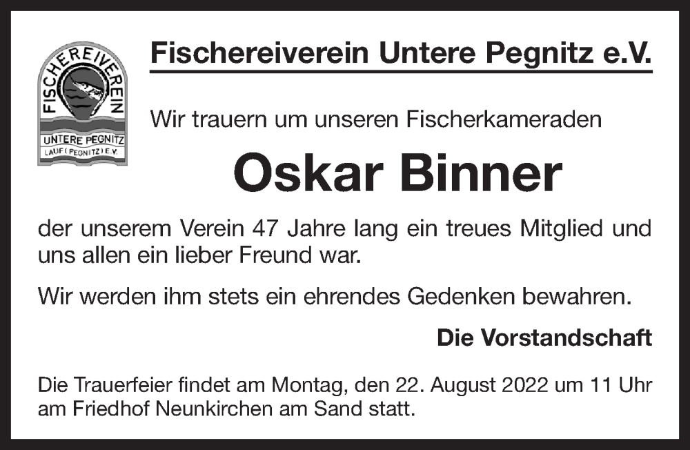  Traueranzeige für Oskar Binner vom 20.08.2022 aus Pegnitz-Zeitung