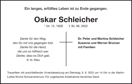 Traueranzeige von Oskar Schleicher von Der Bote