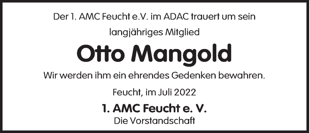  Traueranzeige für Otto Mangold vom 03.08.2022 aus Der Bote