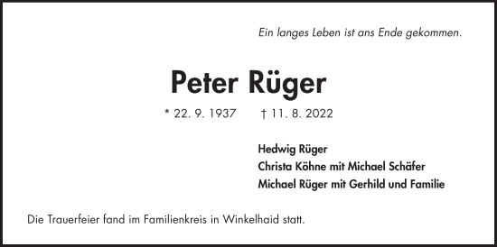 Traueranzeige von Peter Rüger von Der Bote