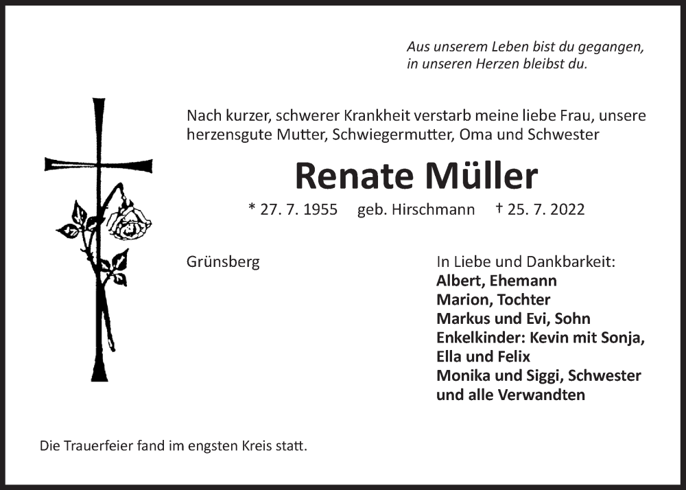  Traueranzeige für Renate Müller vom 03.08.2022 aus Der Bote