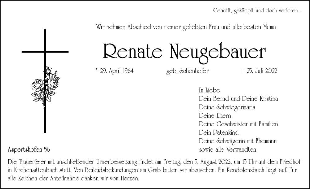  Traueranzeige für Renate Neugebauer vom 30.07.2022 aus Hersbrucker Zeitung Lokal