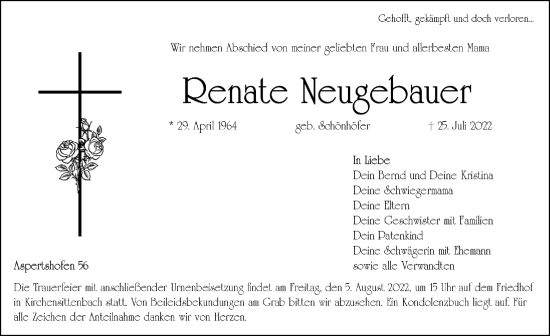 Traueranzeige von Renate Neugebauer von Hersbrucker Zeitung Lokal