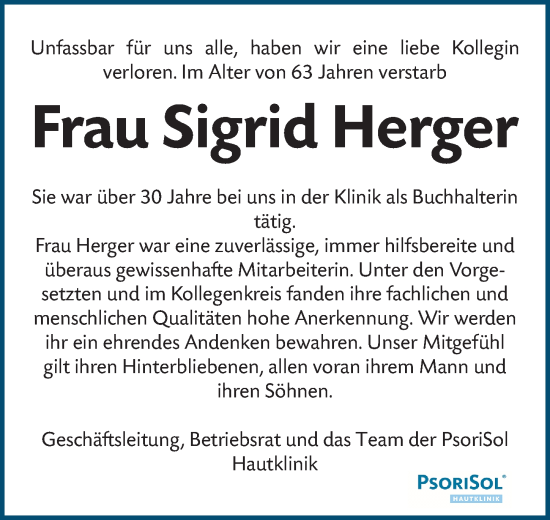 Traueranzeige von Sigrid Herger von Hersbrucker Zeitung Lokal