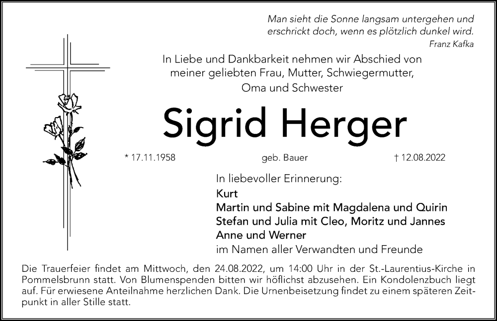  Traueranzeige für Sigrid Herger vom 20.08.2022 aus Hersbrucker Zeitung Lokal