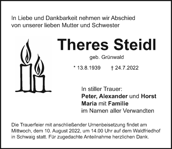 Traueranzeige von Theres Steidl von Pegnitz-Zeitung