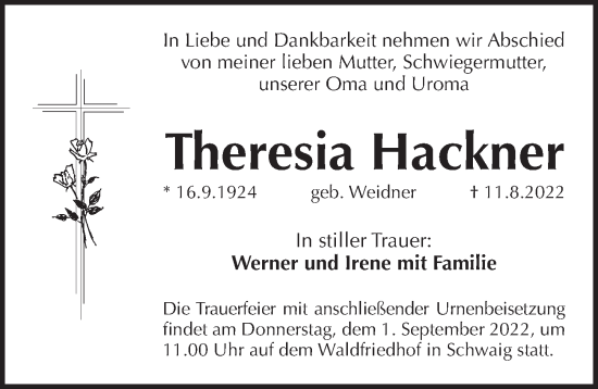 Traueranzeige von Theresia Hackner von Pegnitz-Zeitung