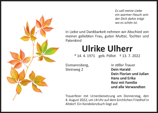 Traueranzeige von Ulrike Ulherr von Der Bote