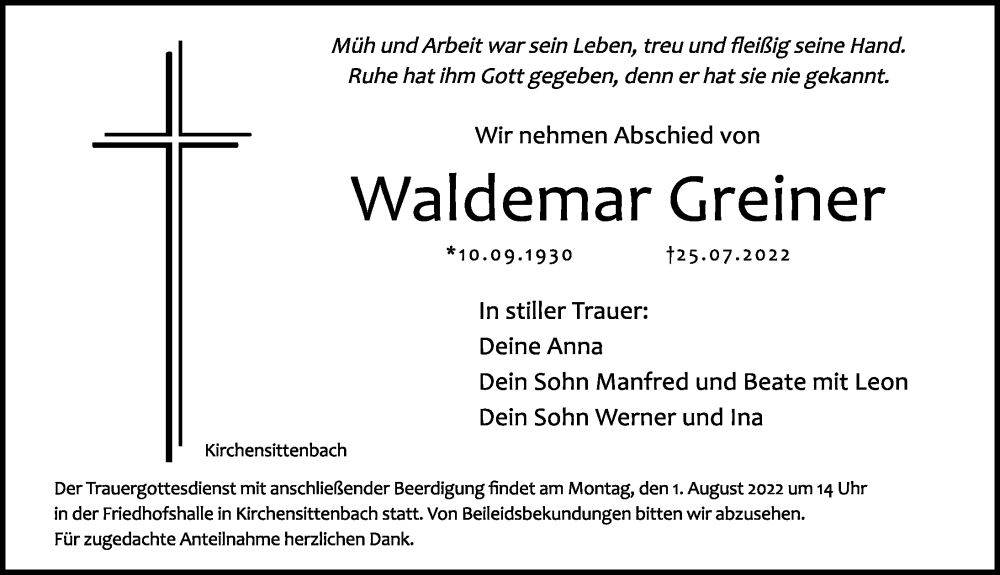  Traueranzeige für Waldemar Greiner vom 30.07.2022 aus Hersbrucker Zeitung Lokal