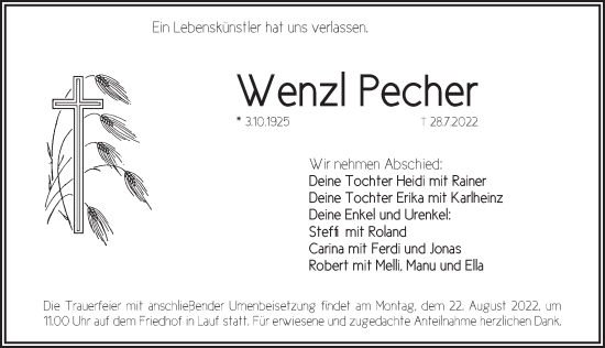 Traueranzeige von Wenzl Pecher von Pegnitz-Zeitung