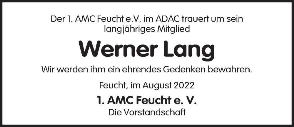  Traueranzeige für Werner Lang vom 31.08.2022 aus Der Bote