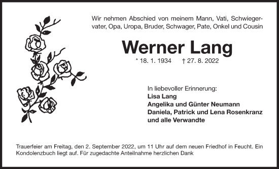 Traueranzeige von Werner Lang von Der Bote