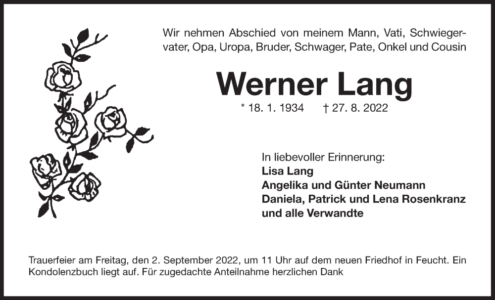  Traueranzeige für Werner Lang vom 31.08.2022 aus Der Bote