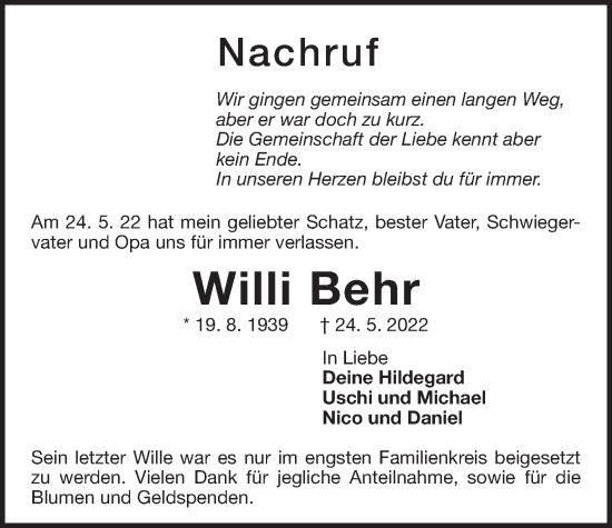 Traueranzeige von Willi Behr von Der Bote