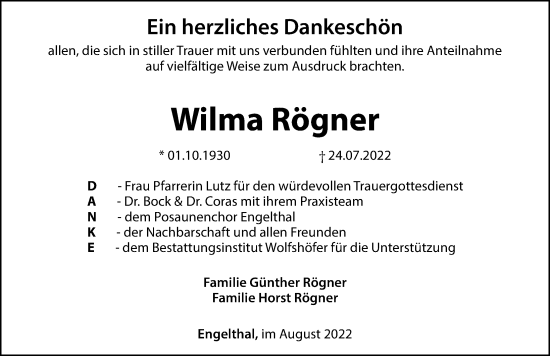 Traueranzeige von Wilma Rögner von Hersbrucker Zeitung Lokal